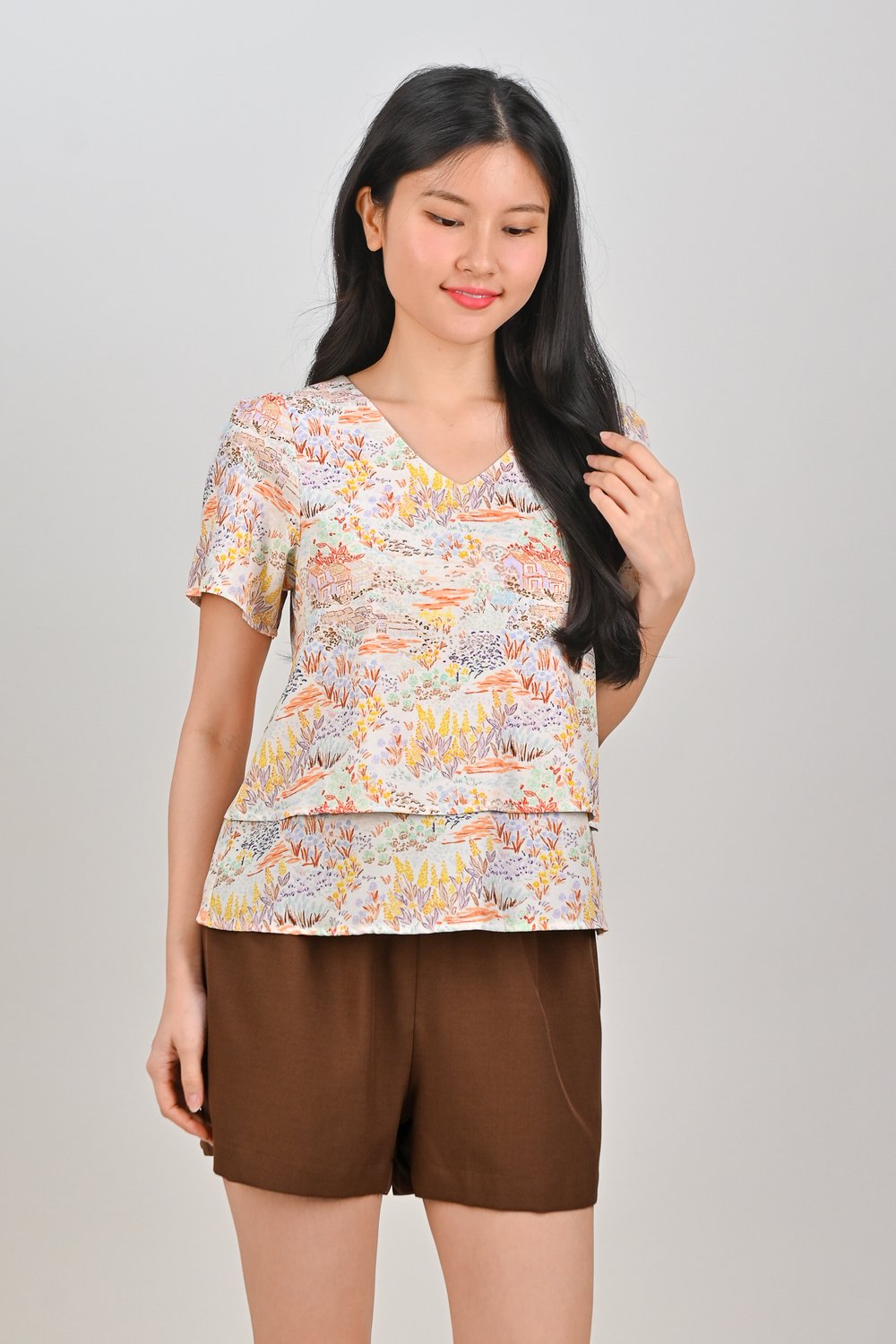 ORANGE COTTAGE SLEEVED LAYERED TOP