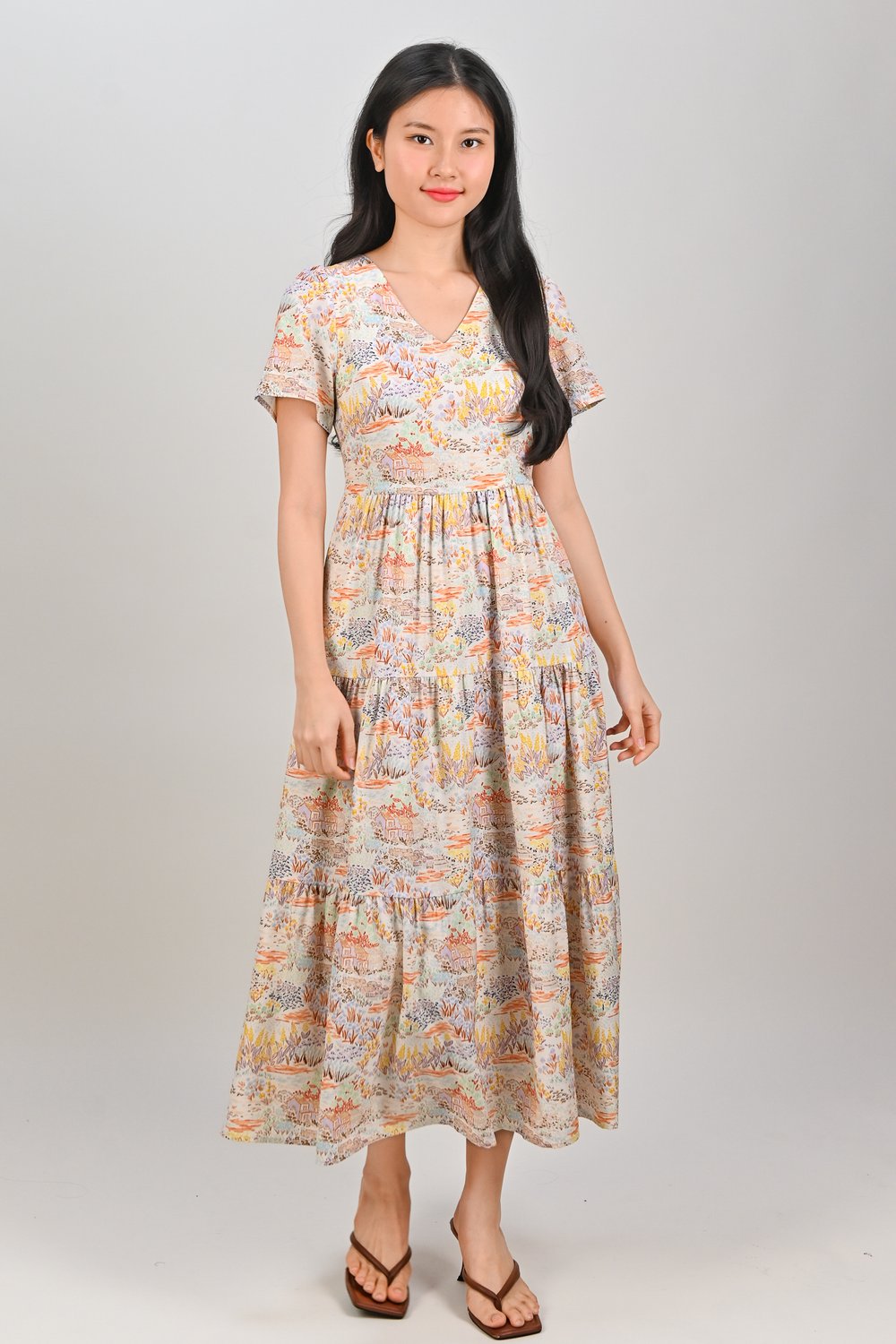 ORANGE COTTAGE V-NECK SLEEVED MIDAXI DRESS