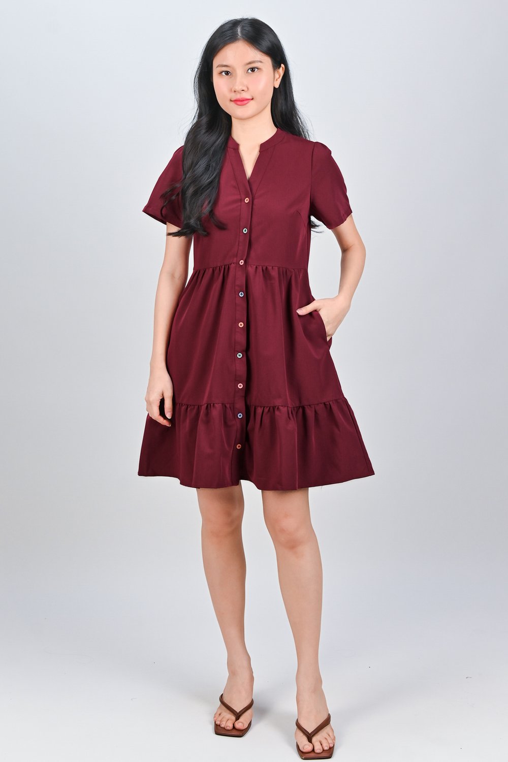 PIXIE FLOUNCE SHIRT-DRESS IN WINE