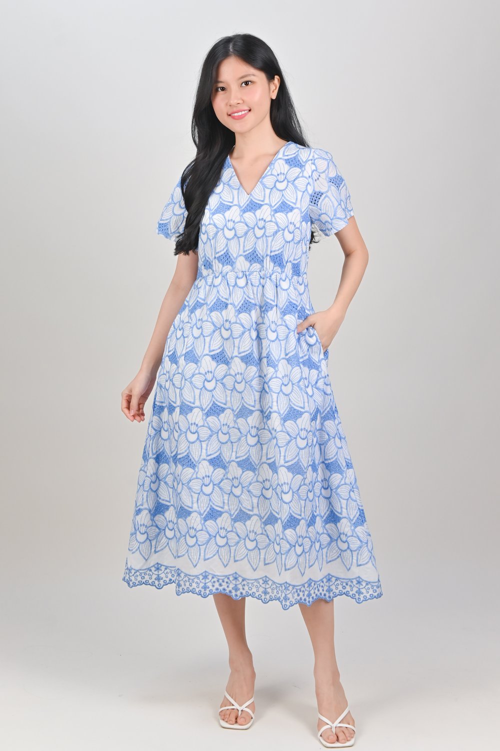 HOSHI BLUE EMBROIDERED V-NECK SLEEVED MIDI DRESS