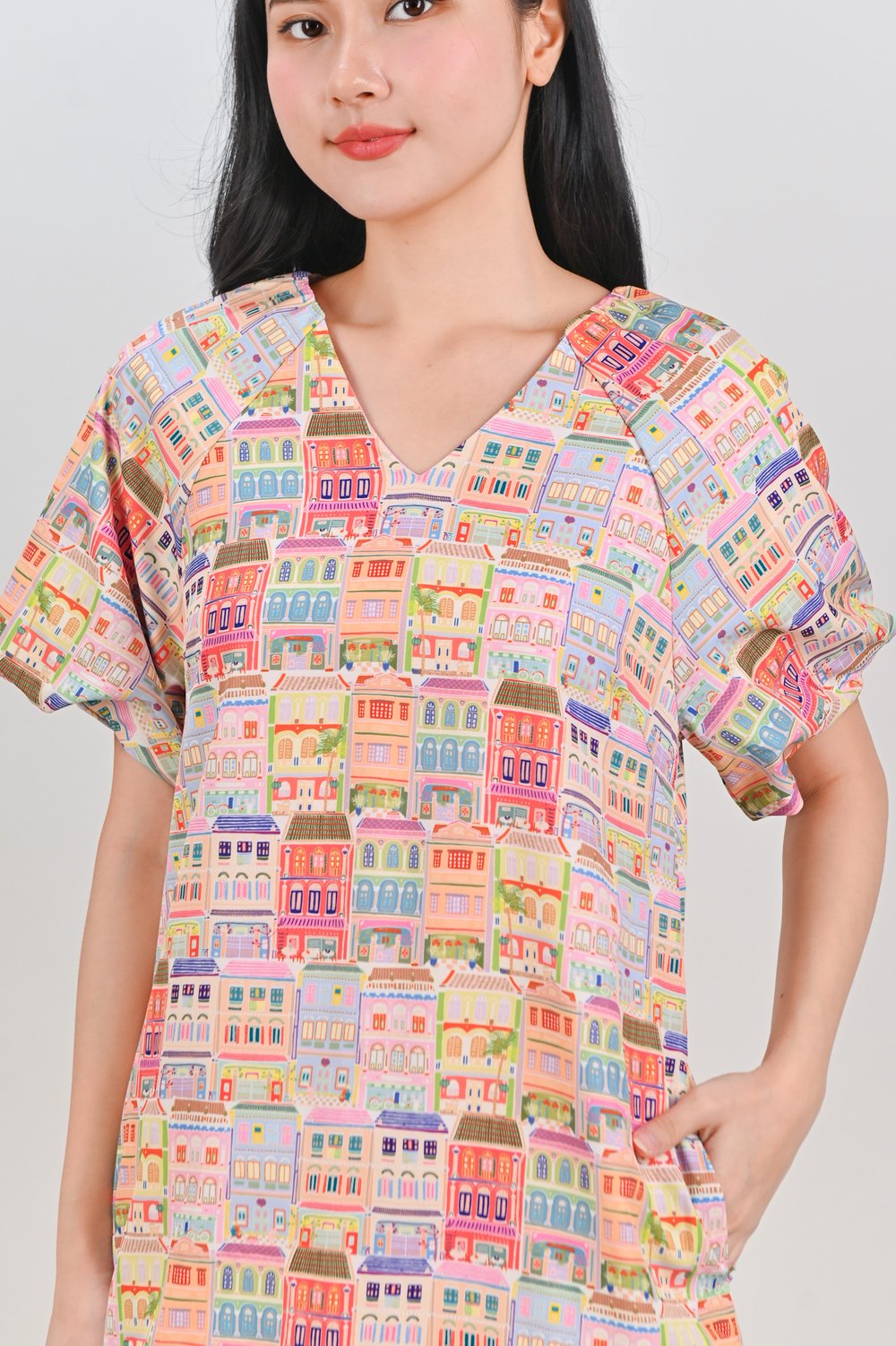 SHOPHOUSE PATTERN PUFF-SLEEVED SHIFT DRESS SHOPHOUSE PATTERN PUFF-SLEEVED SHIFT DRESS