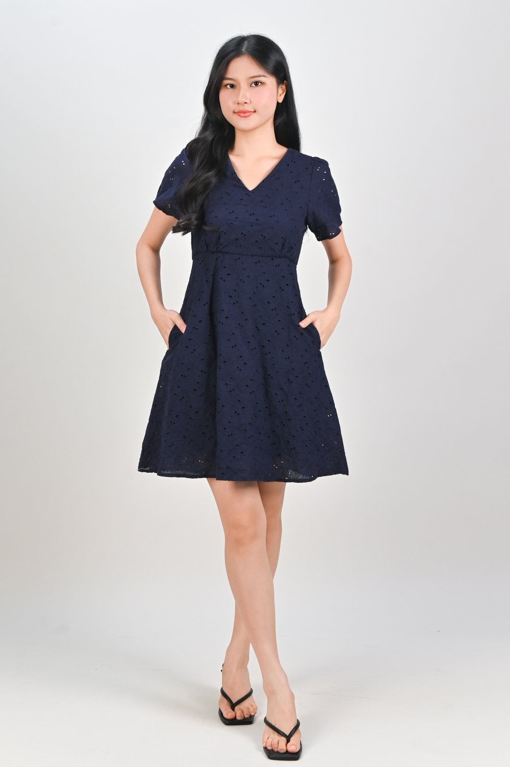 WYUNA EYELET HIGH-WAIST SHORT DRESS IN NAVY WYUNA EYELET HIGH-WAIST SHORT DRESS IN NAVY