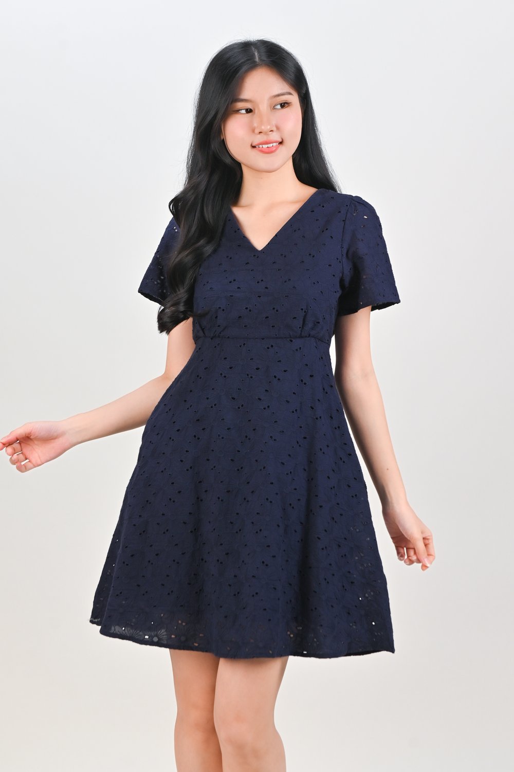 WYUNA EYELET HIGH-WAIST SHORT DRESS IN NAVY WYUNA EYELET HIGH-WAIST SHORT DRESS IN NAVY