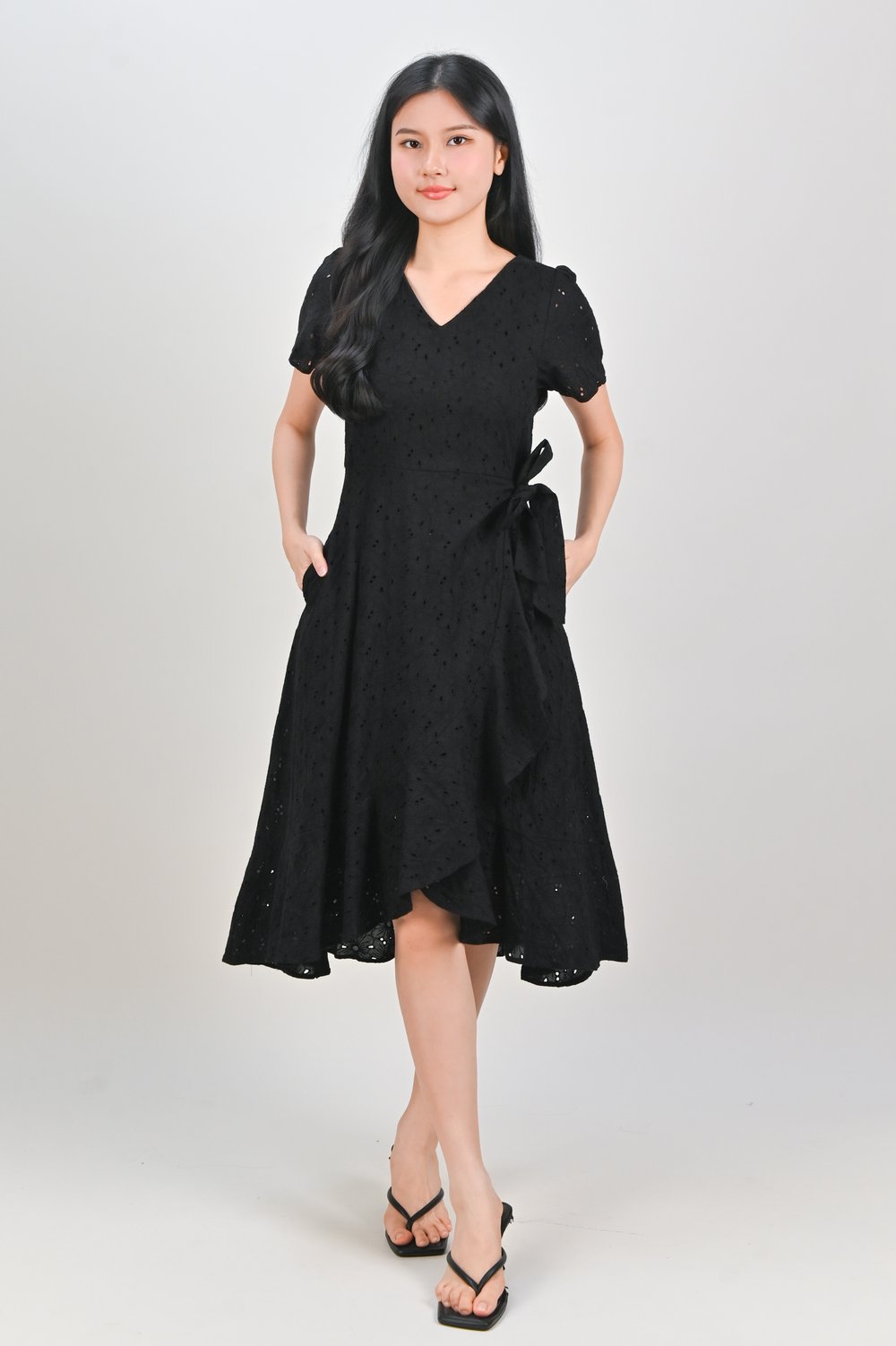 KIRRA EYELET SLEEVED RUFFLE DRESS IN BLACK KIRRA EYELET SLEEVED RUFFLE DRESS IN BLACK