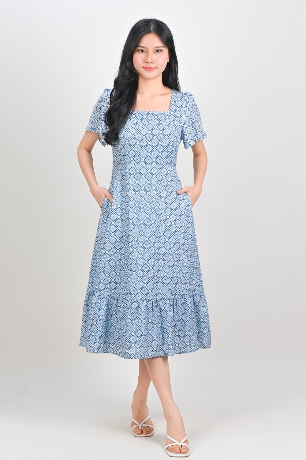 SANTORINI TILES SQUARE-NECK SLEEVED MIDI DRESS