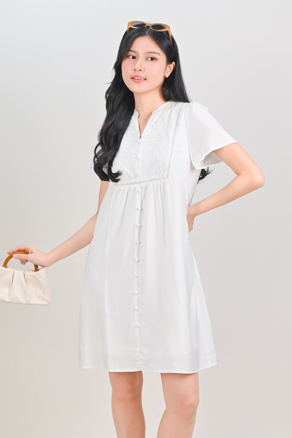MIREYA EYELET-INSERT SLEEVED DRESS IN WHITE MIREYA EYELET-INSERT SLEEVED DRESS IN WHITE
