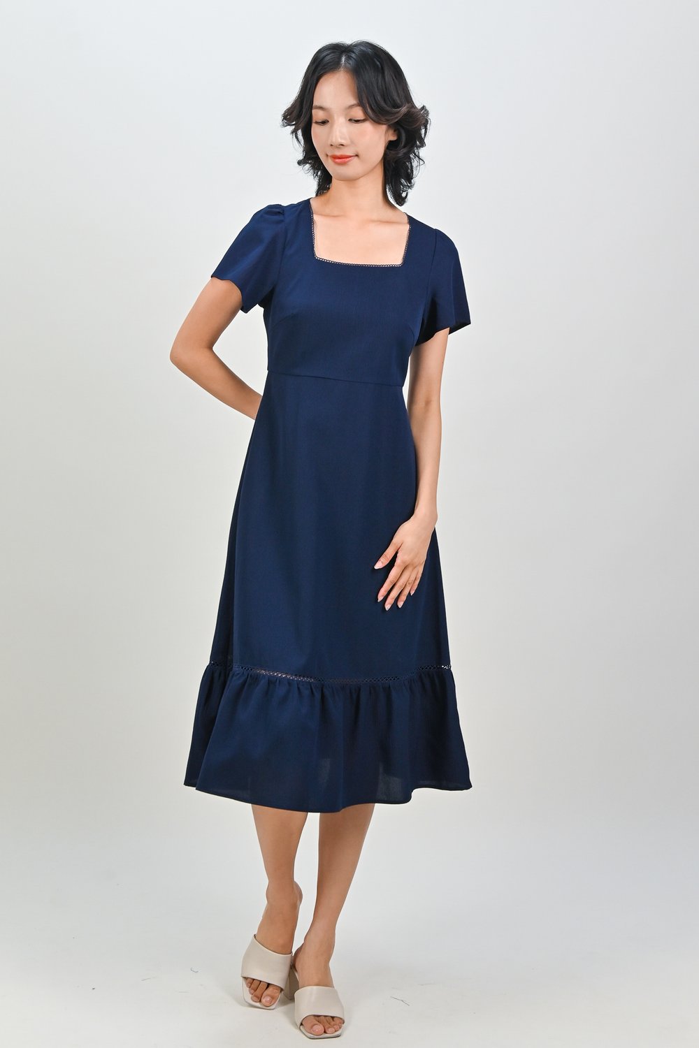 JYNDAL SQUARE-NECK LACE-TRIM DRESS IN NAVY JYNDAL SQUARE-NECK LACE-TRIM DRESS IN NAVY