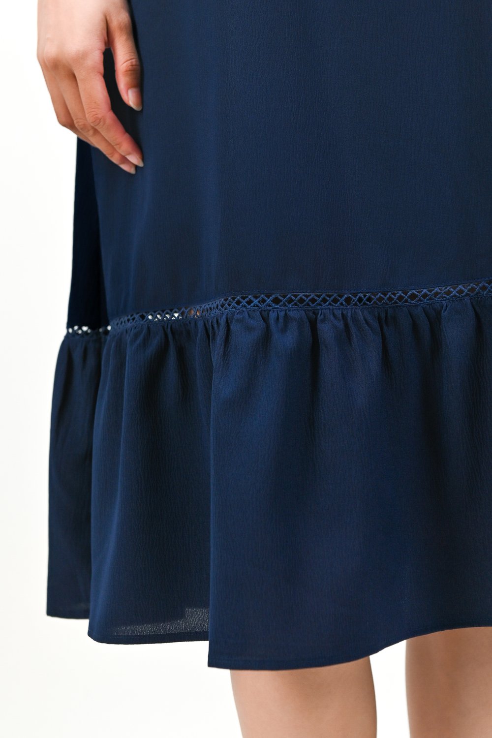 JYNDAL SQUARE-NECK LACE-TRIM DRESS IN NAVY JYNDAL SQUARE-NECK LACE-TRIM DRESS IN NAVY