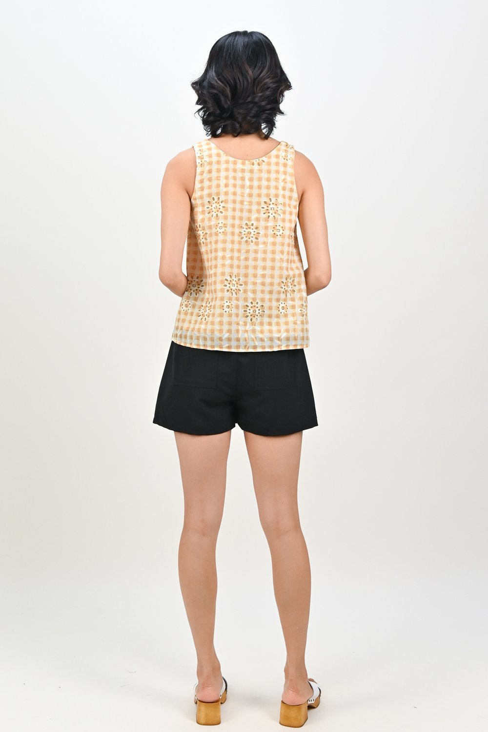 KIRALII GINGHAM EYELET TWO-WAY TOP IN YELLOW KIRALII GINGHAM EYELET TWO-WAY TOP IN YELLOW