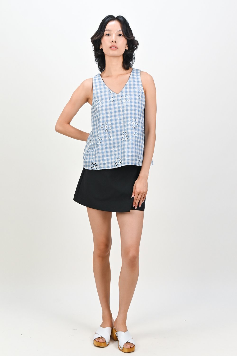 KIRALII GINGHAM EYELET TWO-WAY TOP IN BLUE KIRALII GINGHAM EYELET TWO-WAY TOP IN BLUE