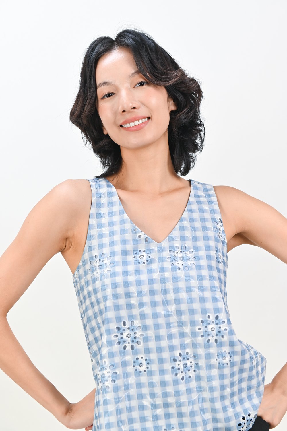 KIRALII GINGHAM EYELET TWO-WAY TOP IN BLUE KIRALII GINGHAM EYELET TWO-WAY TOP IN BLUE