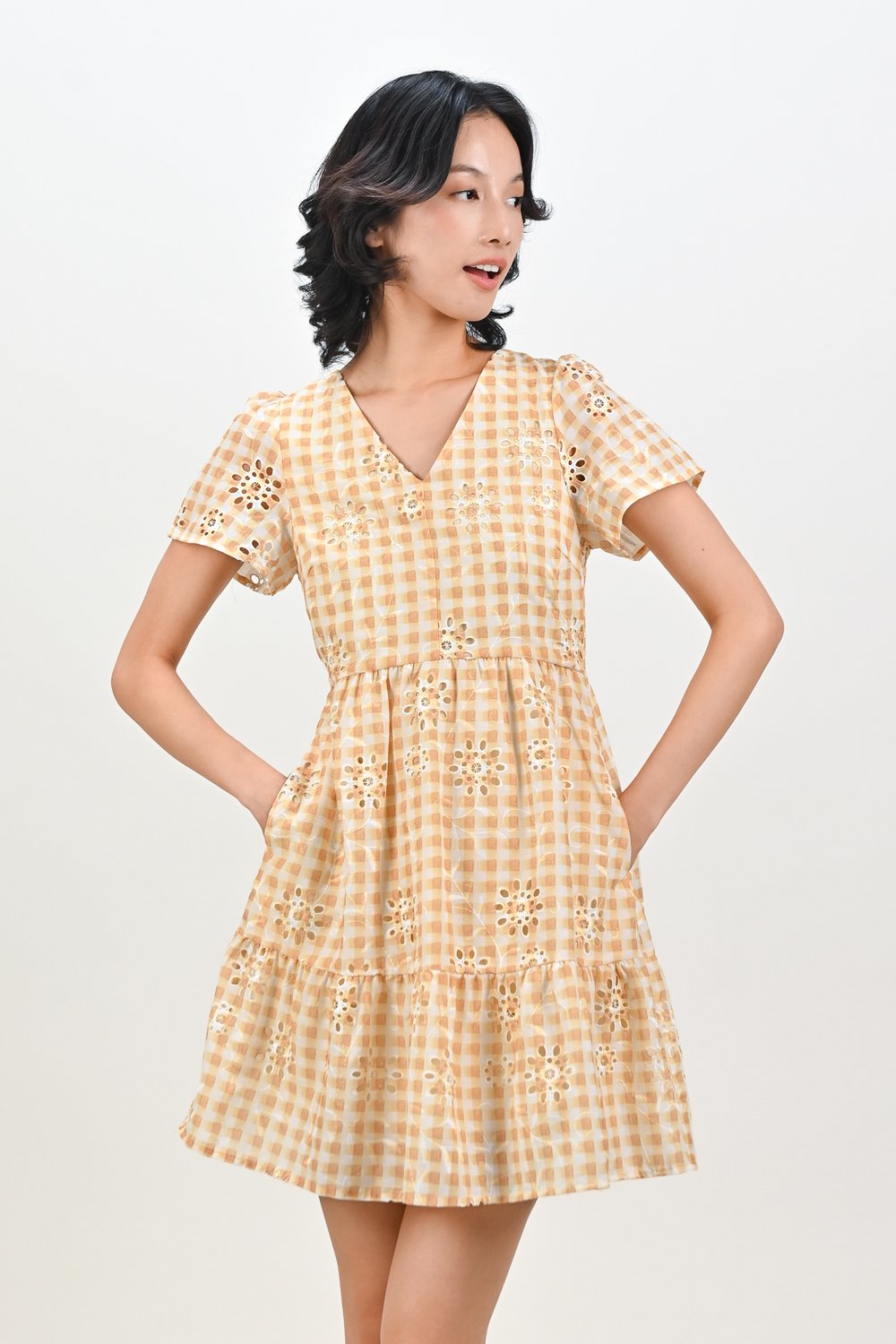 MAVELLE GINGHAM EYELET SLEEVED FLOUNCE DRESS IN YELLOW