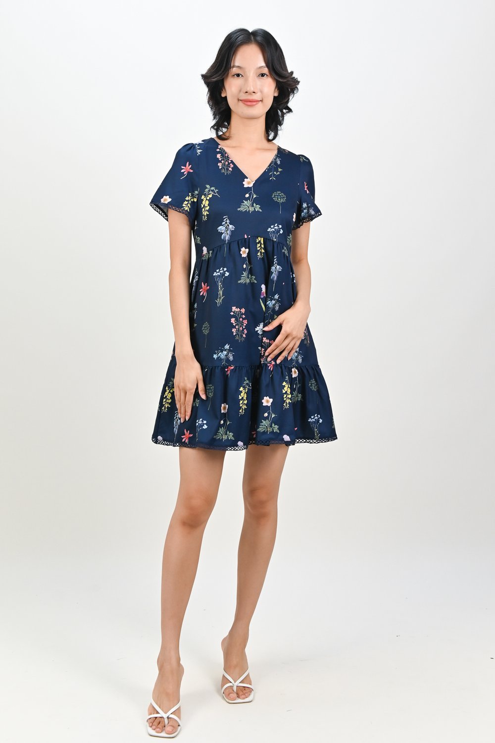 YSELLE NAVY FLOWERS LACE-TRIM BABYDOLL DRESS