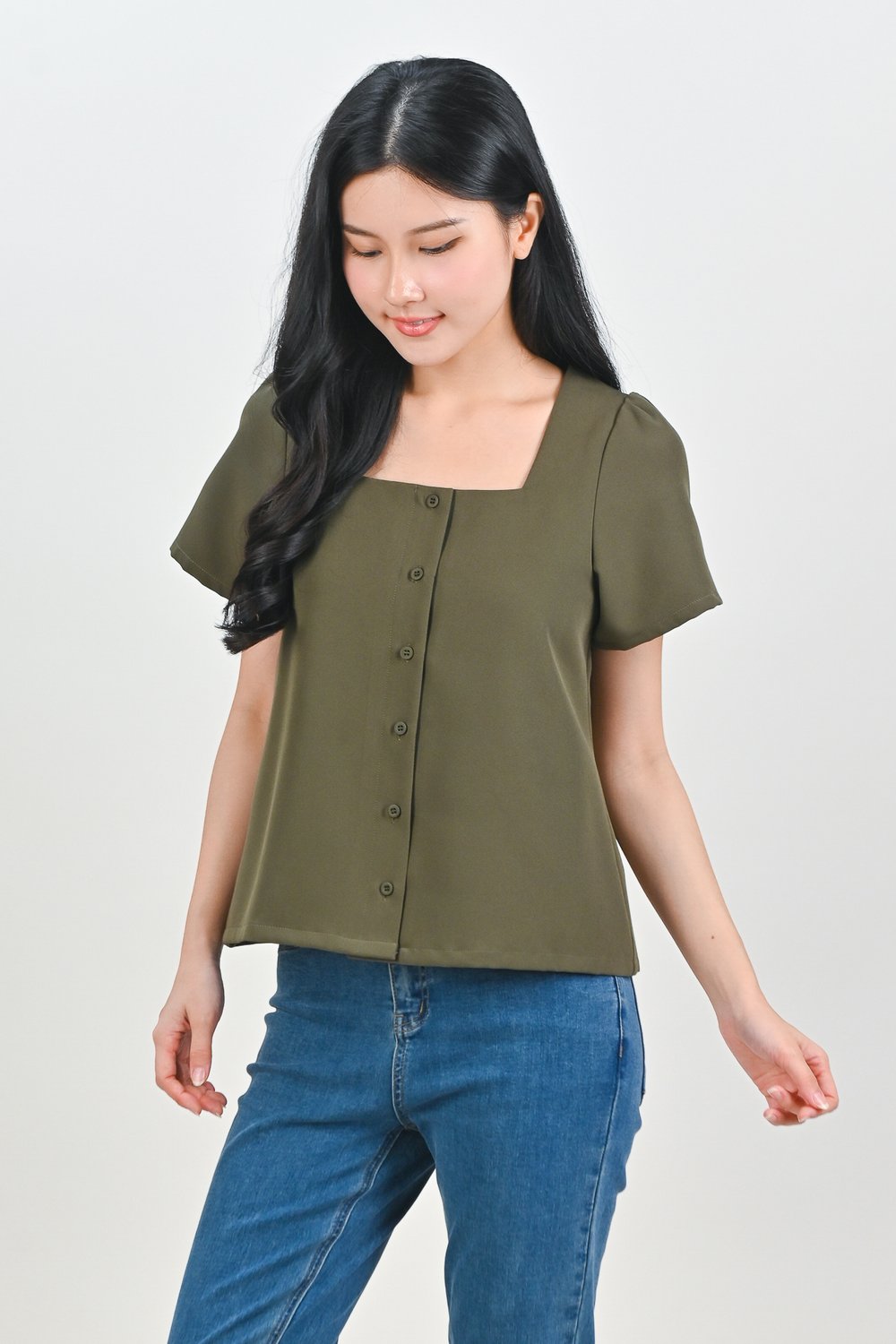 LULIE SQUARE-NECK SLEEVED TOP IN GREEN