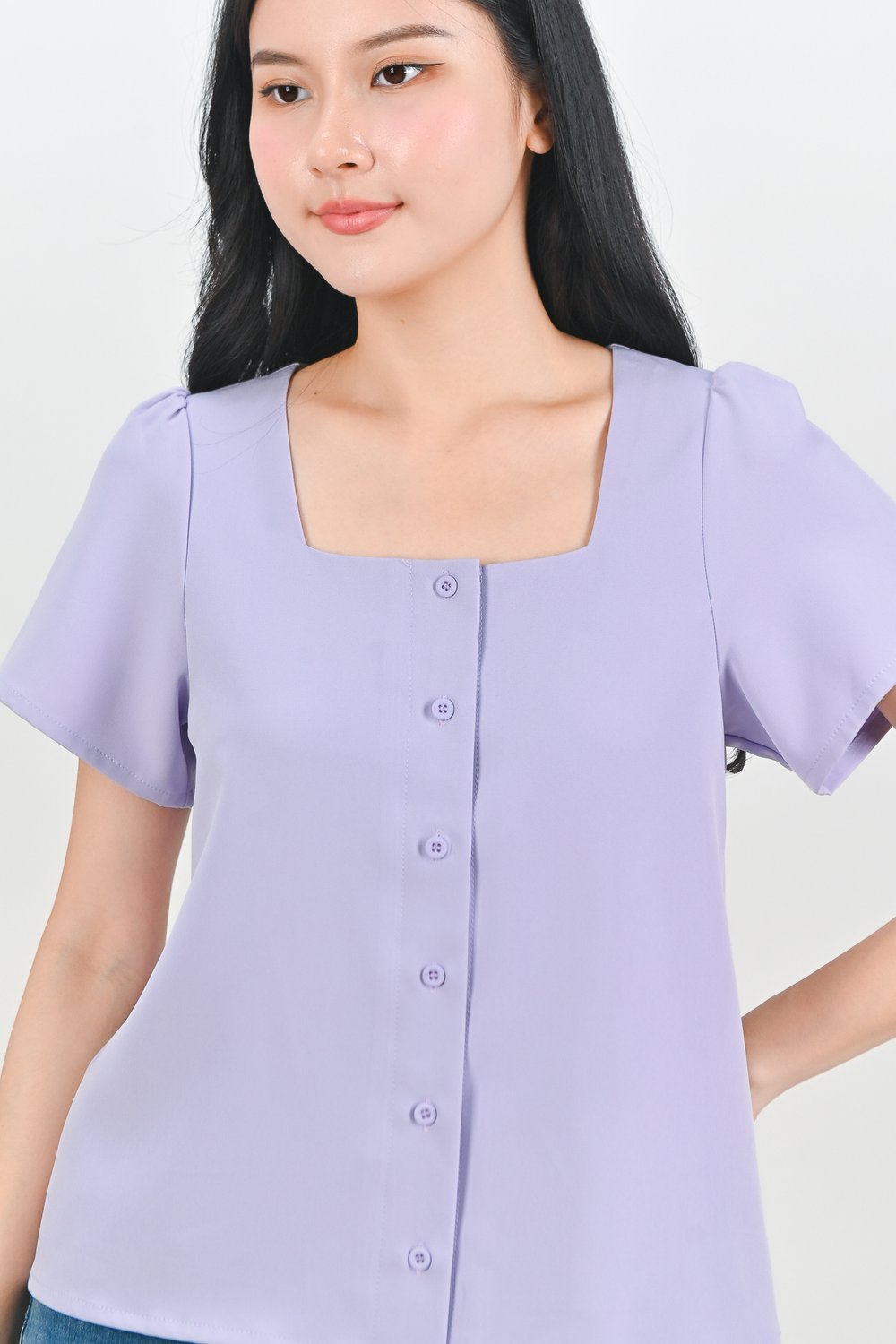 LULIE SQUARE-NECK SLEEVED TOP IN LILAC
