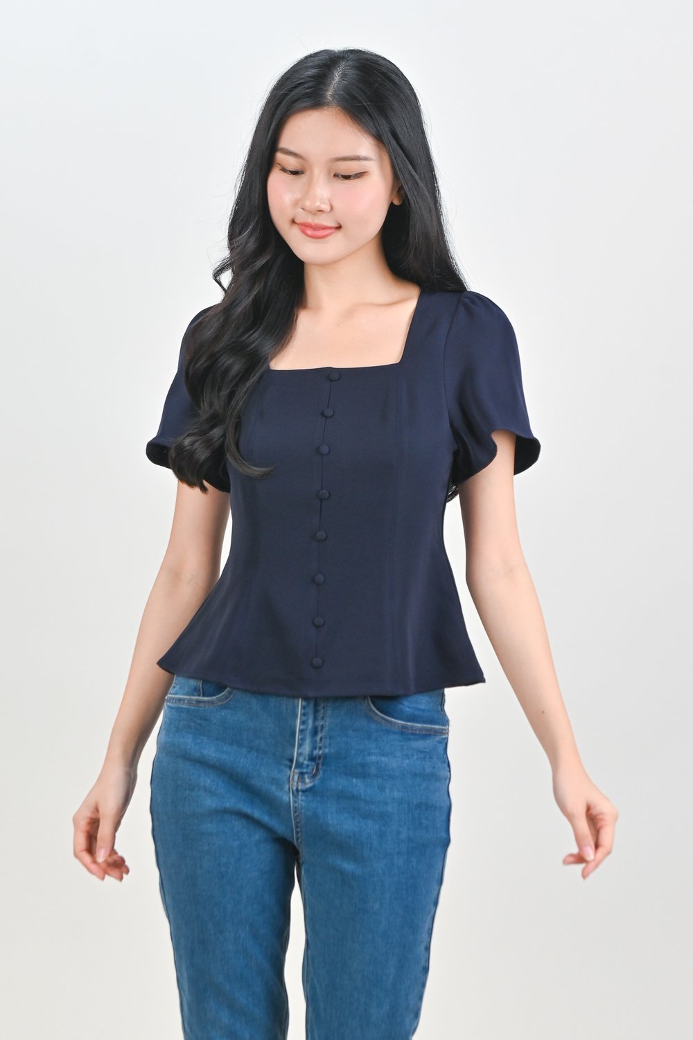 ADALYA SLEEVED SQUARE-NECK PEPLUM TOP IN NAVY