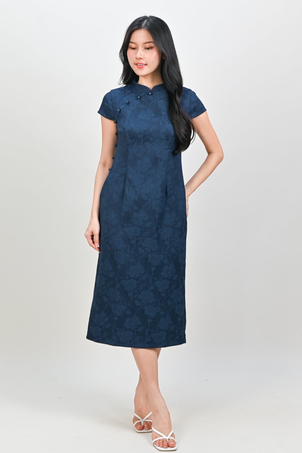 YUEYUE DARK BLUE CAP-SLEEVED CHEONGSAM DRESS