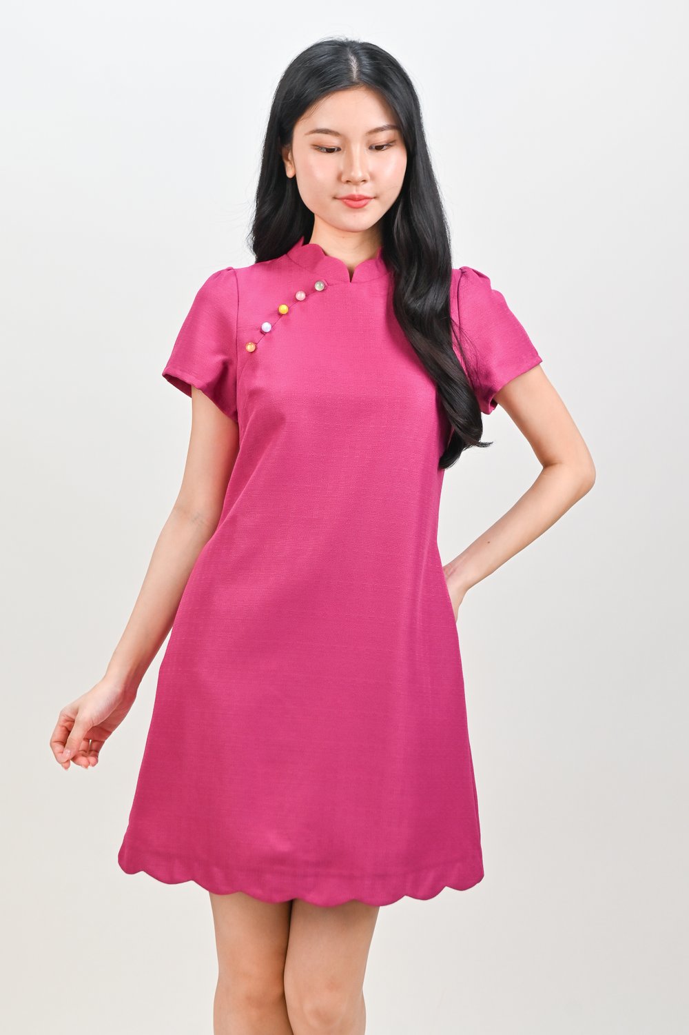 YANLI SLEEVED SCALLOP CHEONGSAM DRESS IN PINK