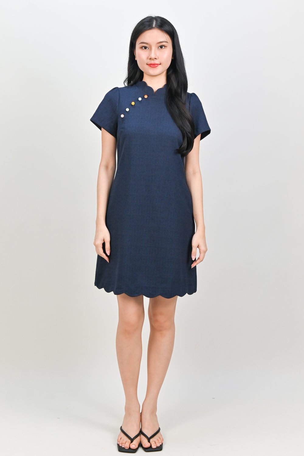 YANLI SLEEVED SCALLOP CHEONGSAM DRESS IN NAVY