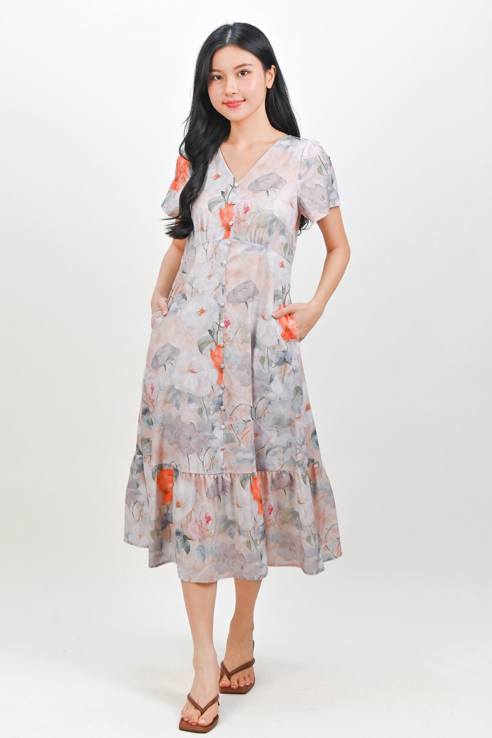 LEOCADIA SLEEVED BUTTON MIDI DRESS IN PINK FLORAL