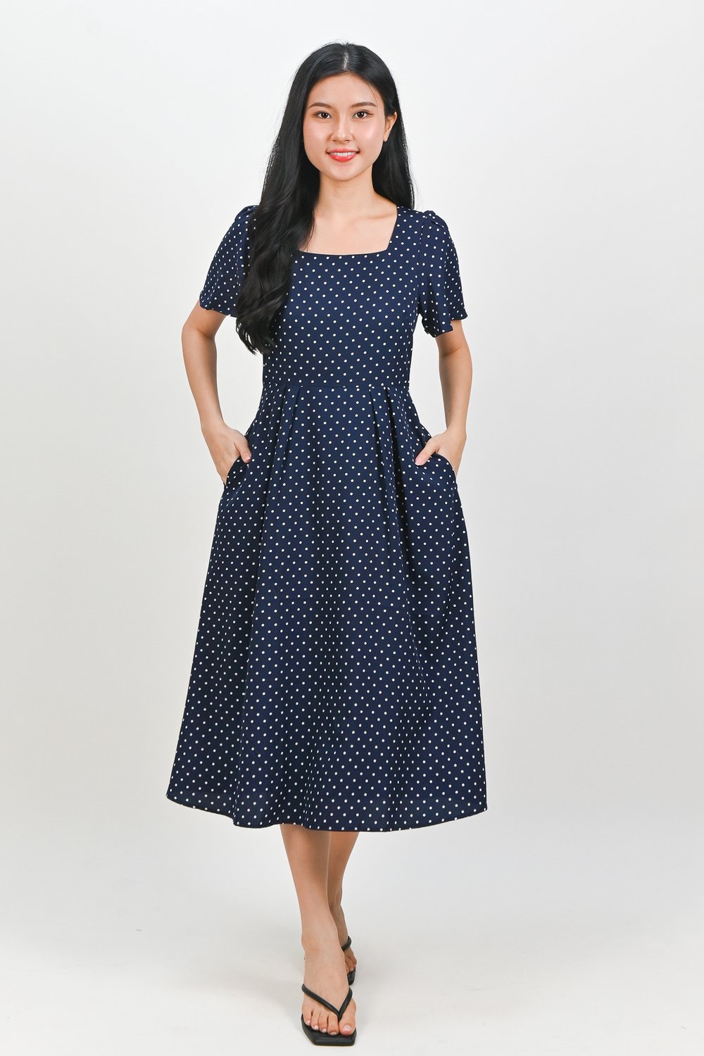CALLINDRA SQUARE-NECK SLEEVED MIDI DRESS IN NAVY POLKA