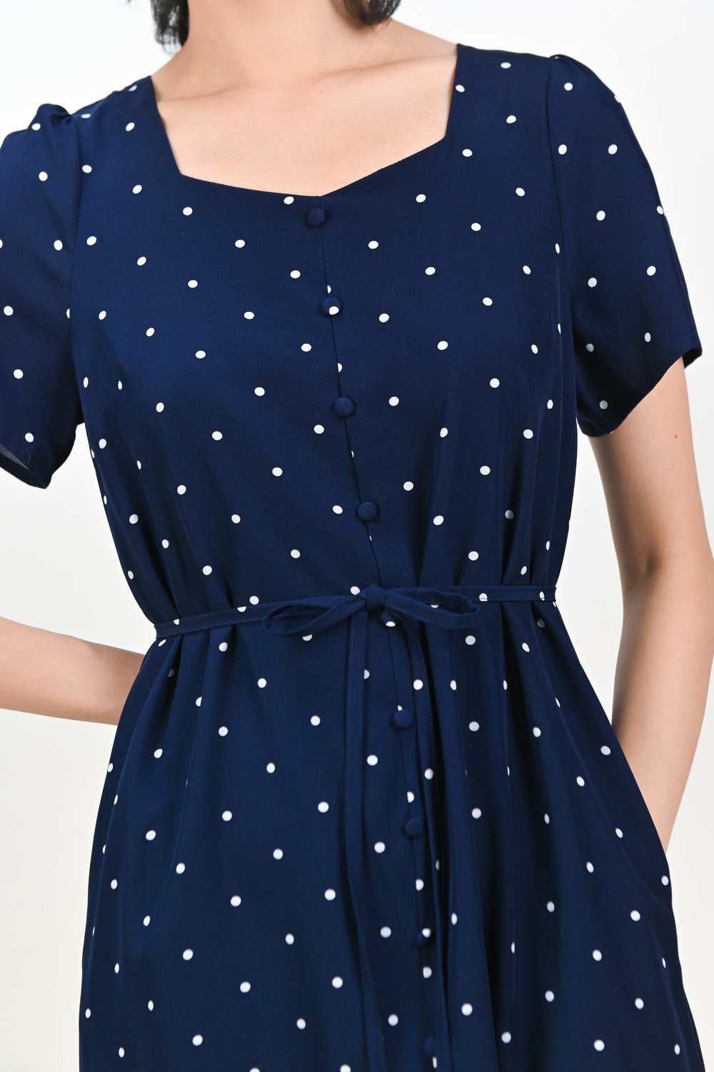 TALLARA POLKA SLEEVED BUTTON DRESS IN NAVY