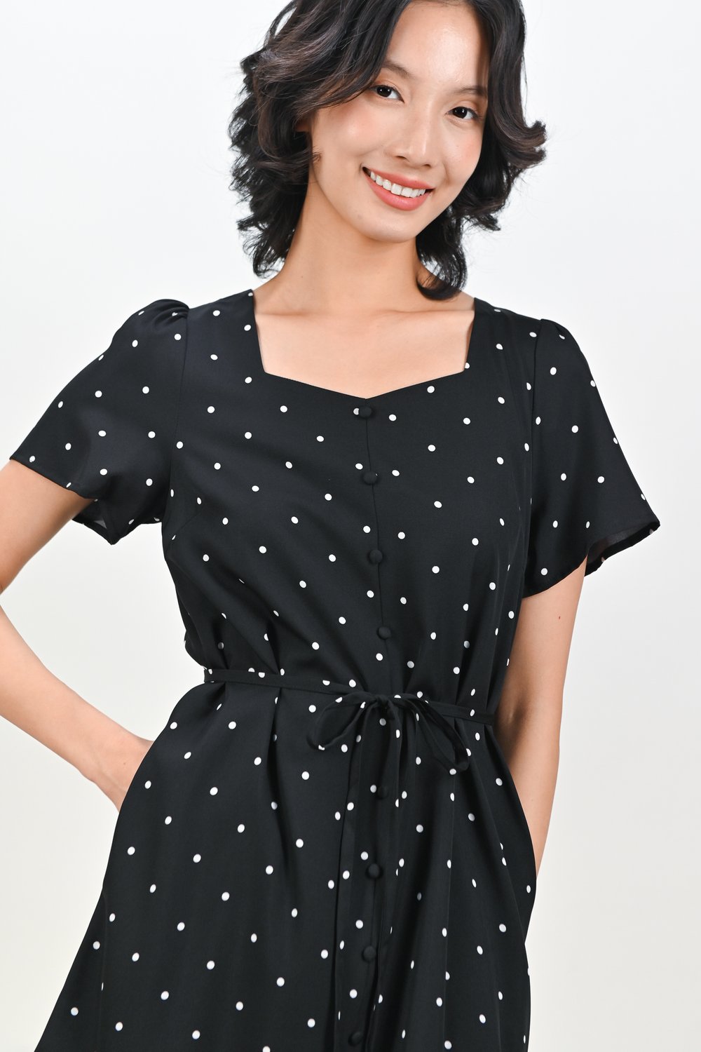 TALLARA POLKA SLEEVED BUTTON DRESS IN BLACK