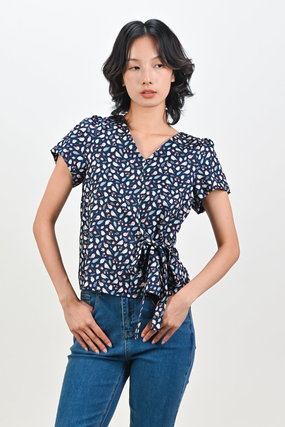 NAVY FRIENDS OF THE FOREST SLEEVED TIE-SASH TOP