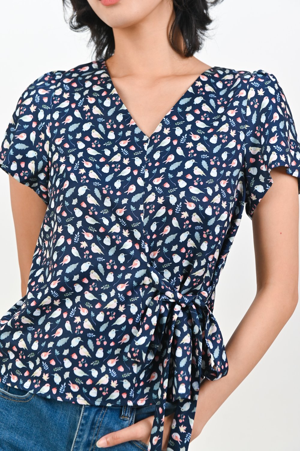 NAVY FRIENDS OF THE FOREST SLEEVED TIE-SASH TOP