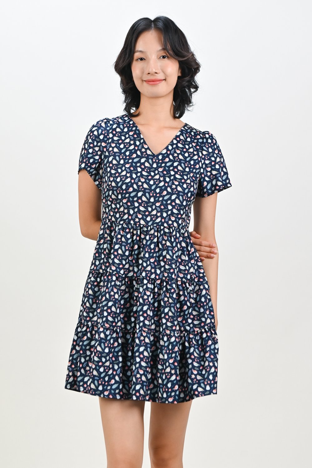 NAVY FRIENDS OF THE FOREST V-NECK BABYDOLL DRESS