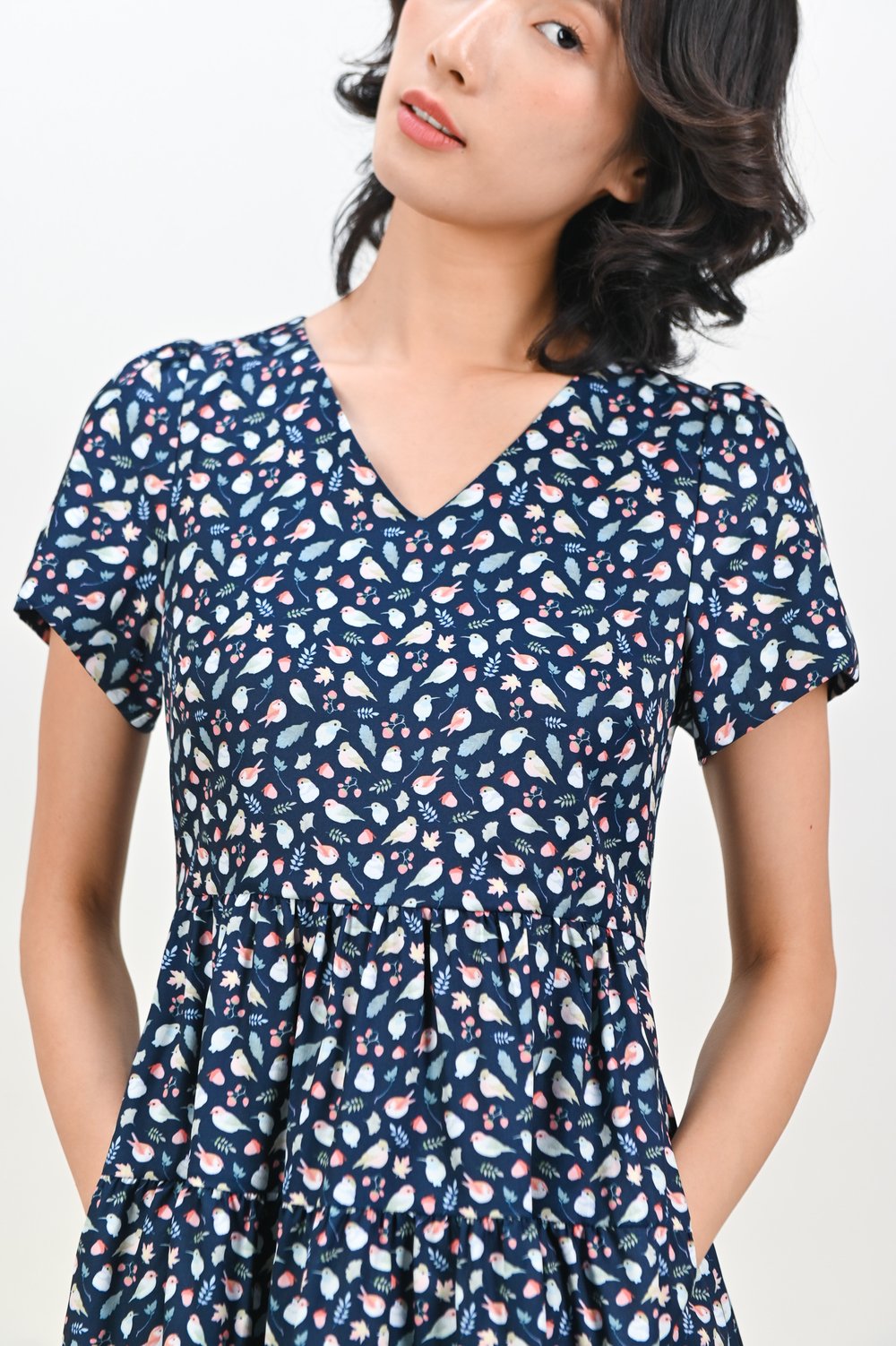 NAVY FRIENDS OF THE FOREST V-NECK BABYDOLL DRESS