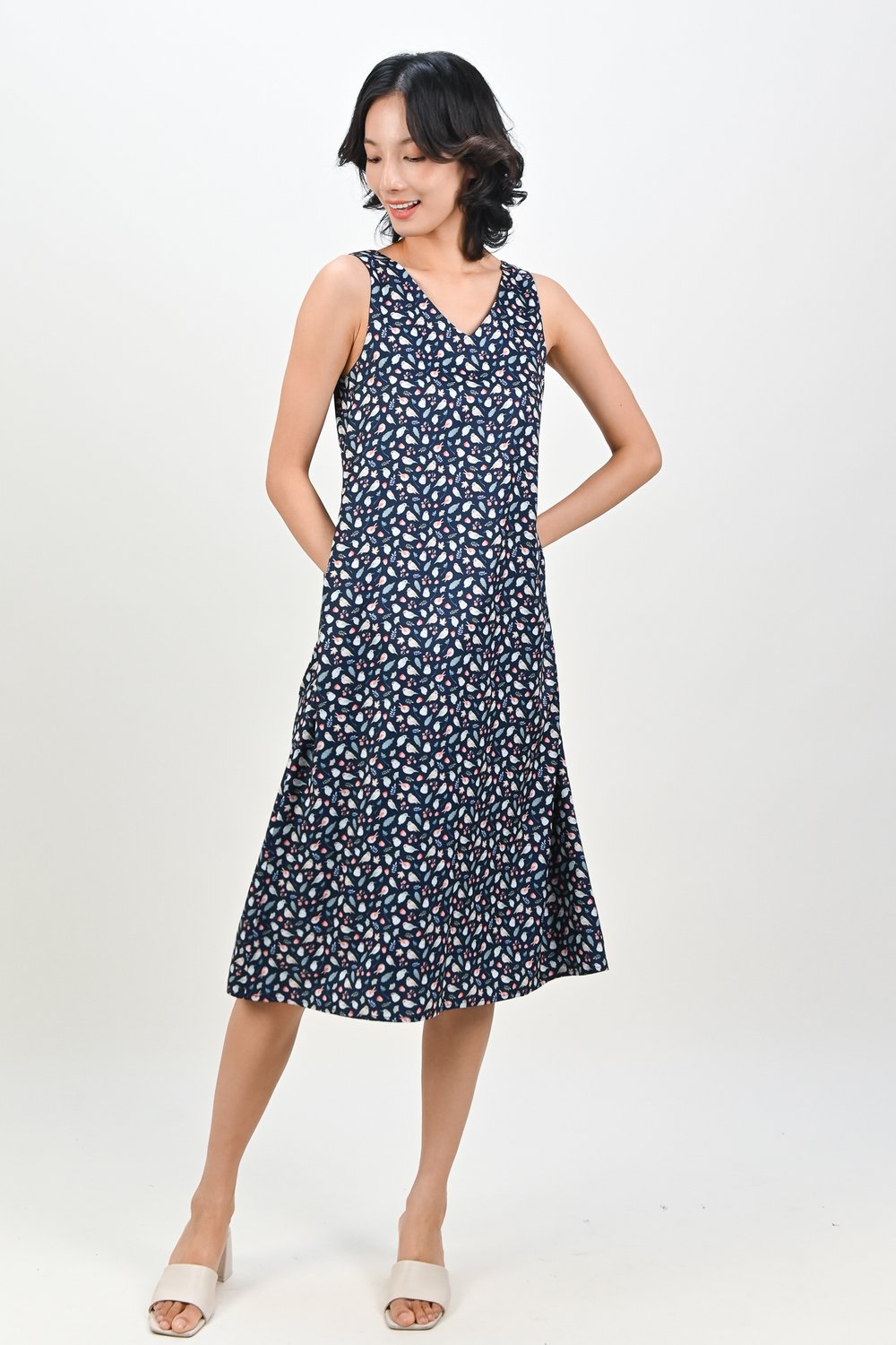 NAVY FRIENDS OF THE FOREST TWO-WAY MIDI DRESS