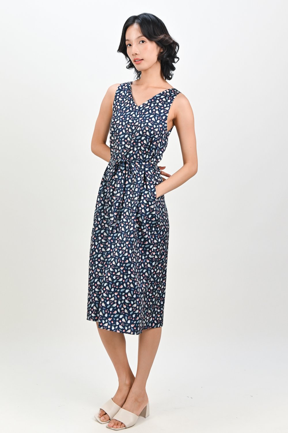 NAVY FRIENDS OF THE FOREST TWO-WAY MIDI DRESS