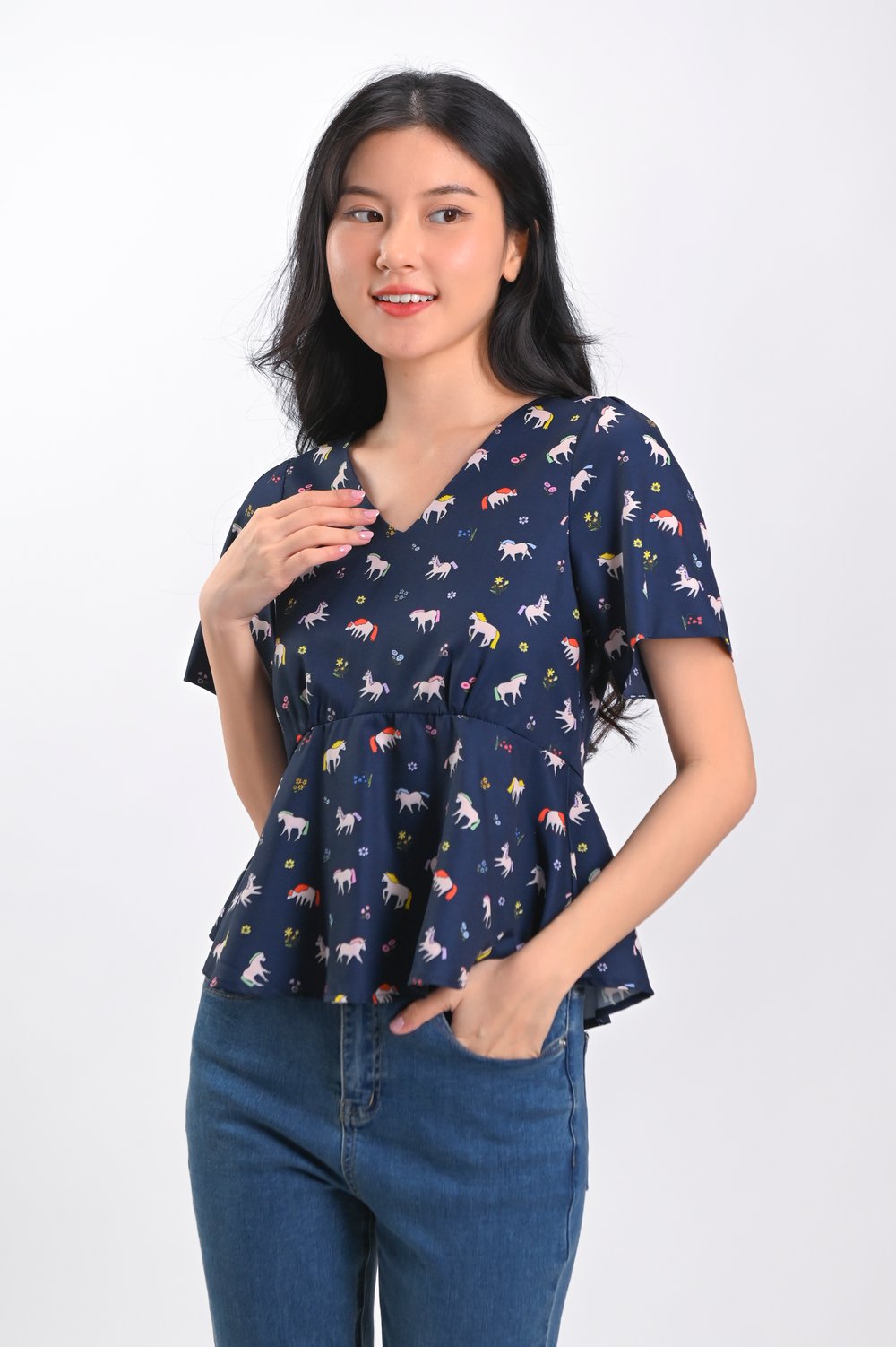 PETALS & PONIES SLEEVED PEPLUM TOP