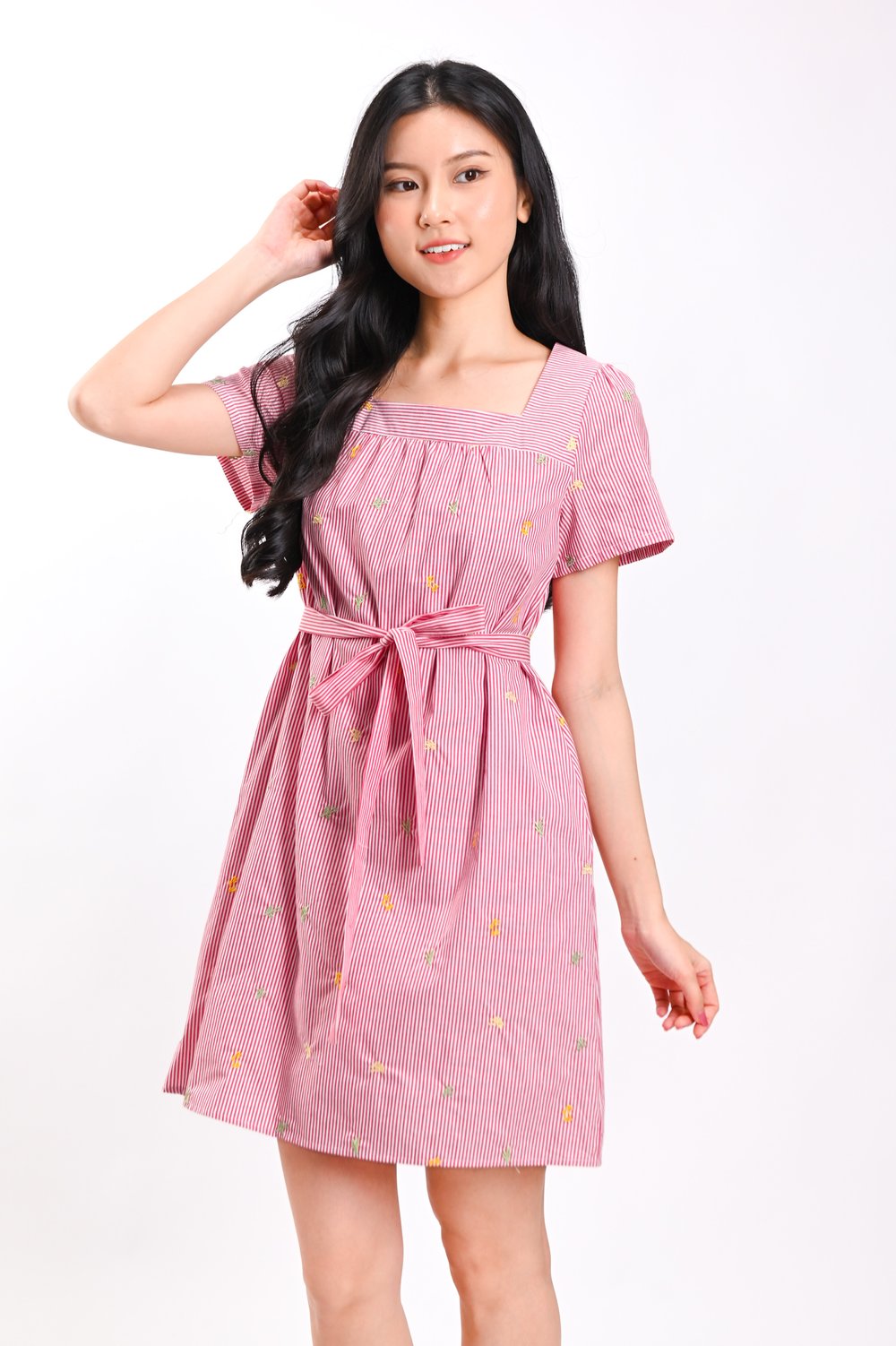 MYLLA BUNNY EMB. SLEEVED DRESS IN BERRY STRIPES