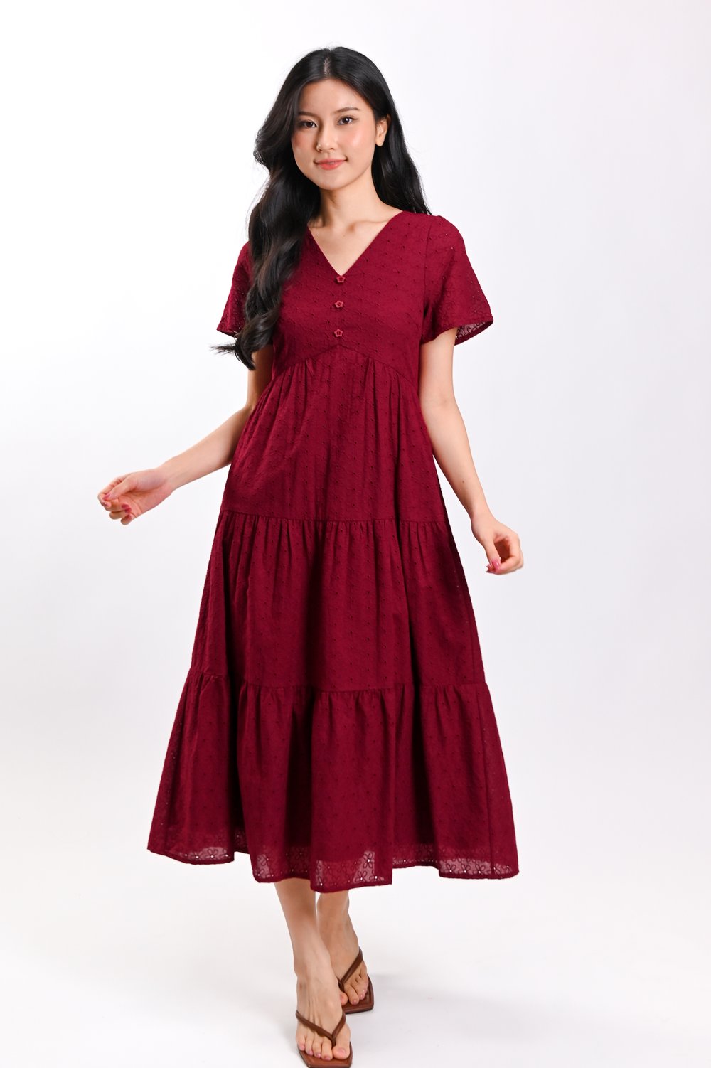 PETUNIA EYELET TIERED MIDAXI DRESS IN WINE RED