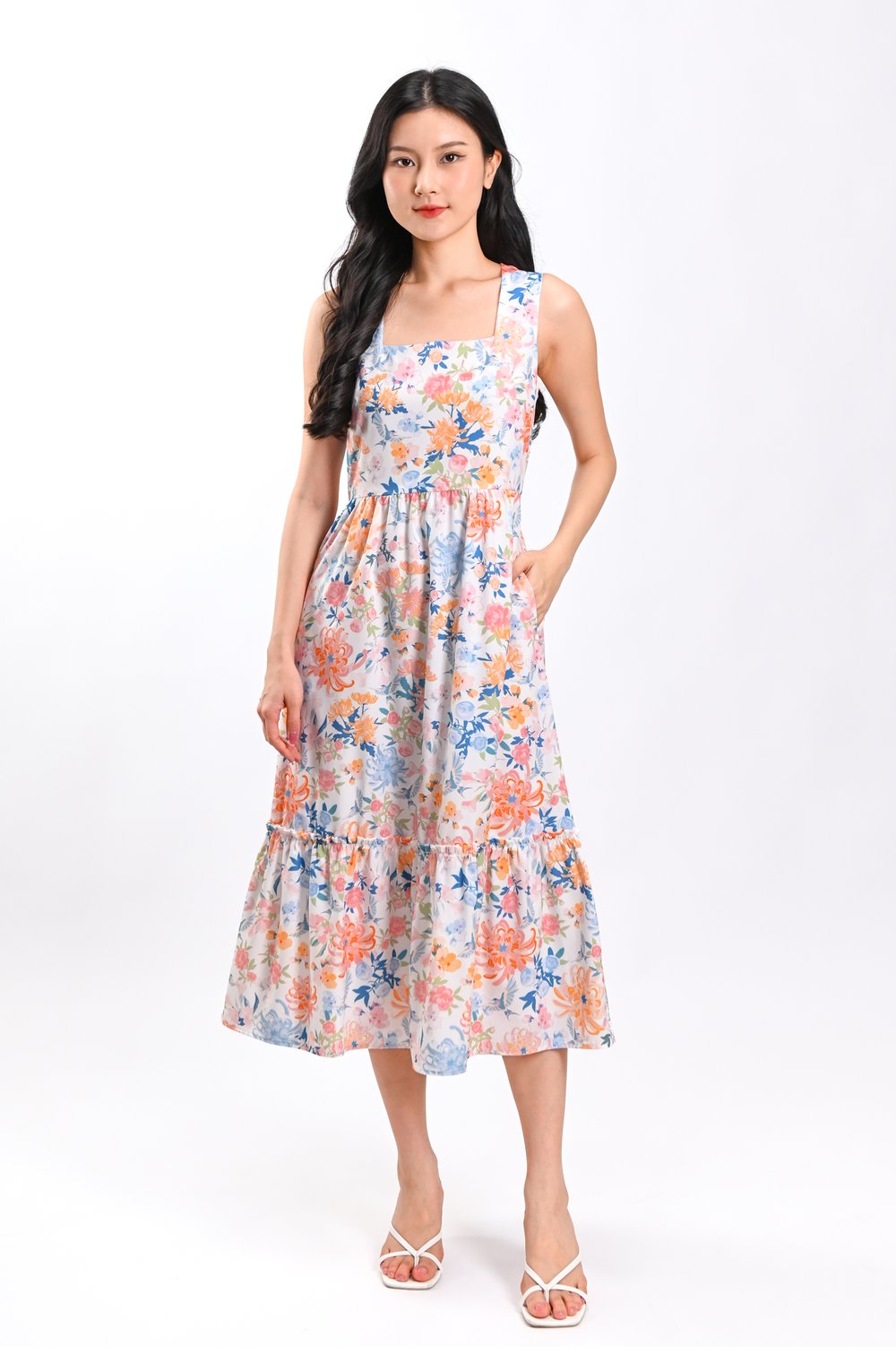 FLORAL FIREWORKS SLEEVELESS SQUARE-NECK DRESS