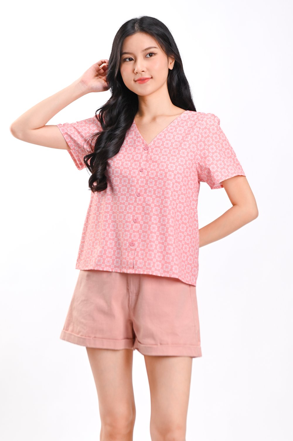 PINK PETITE PETALS SLEEVED BUTTON TOP