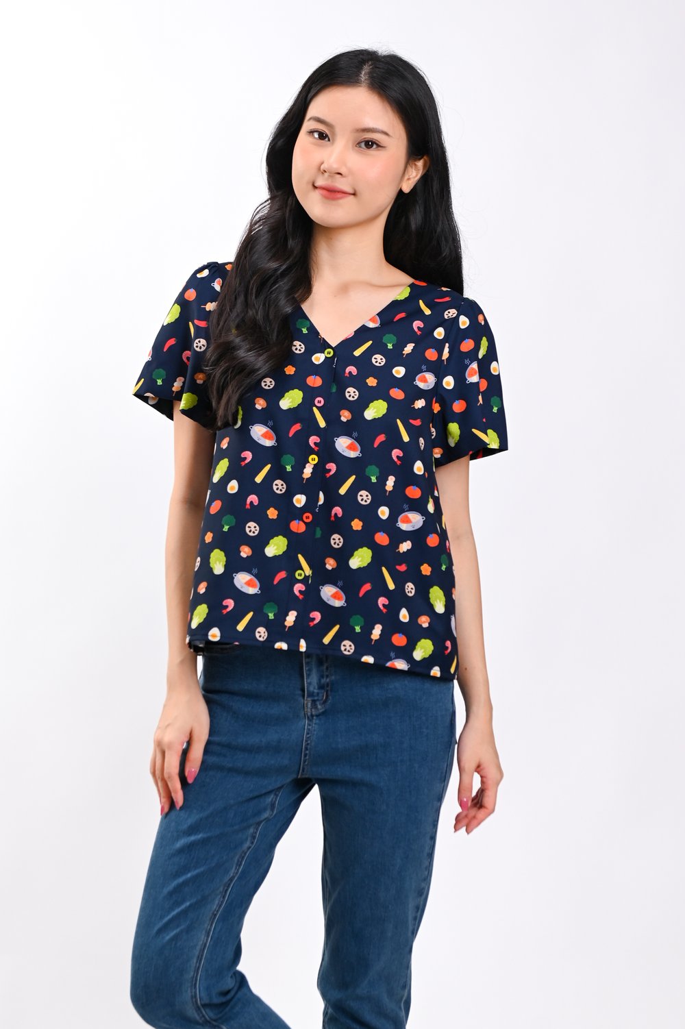 SOUPER HUAT NAVY SLEEVED BUTTON TOP