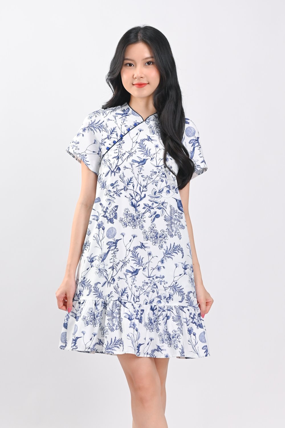 NAVY HUMMINGBIRD SLEEVED FLOUNCE CHEONGSAM DRESS
