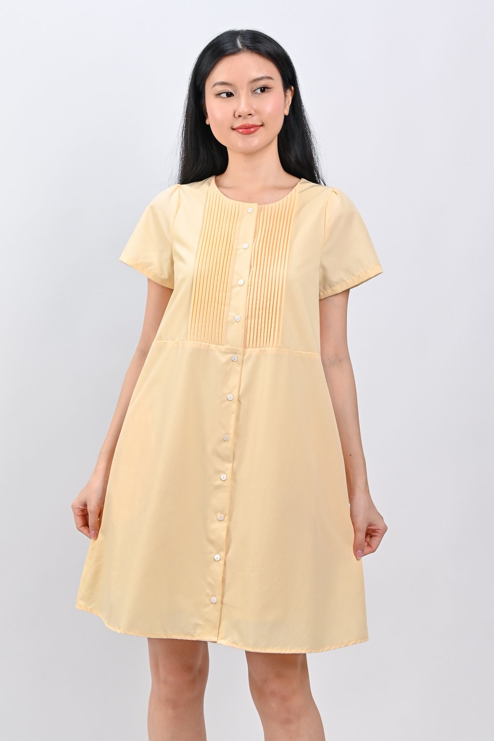 OPHYRA PINTUCK BABYDOLL DRESS IN YELLOW