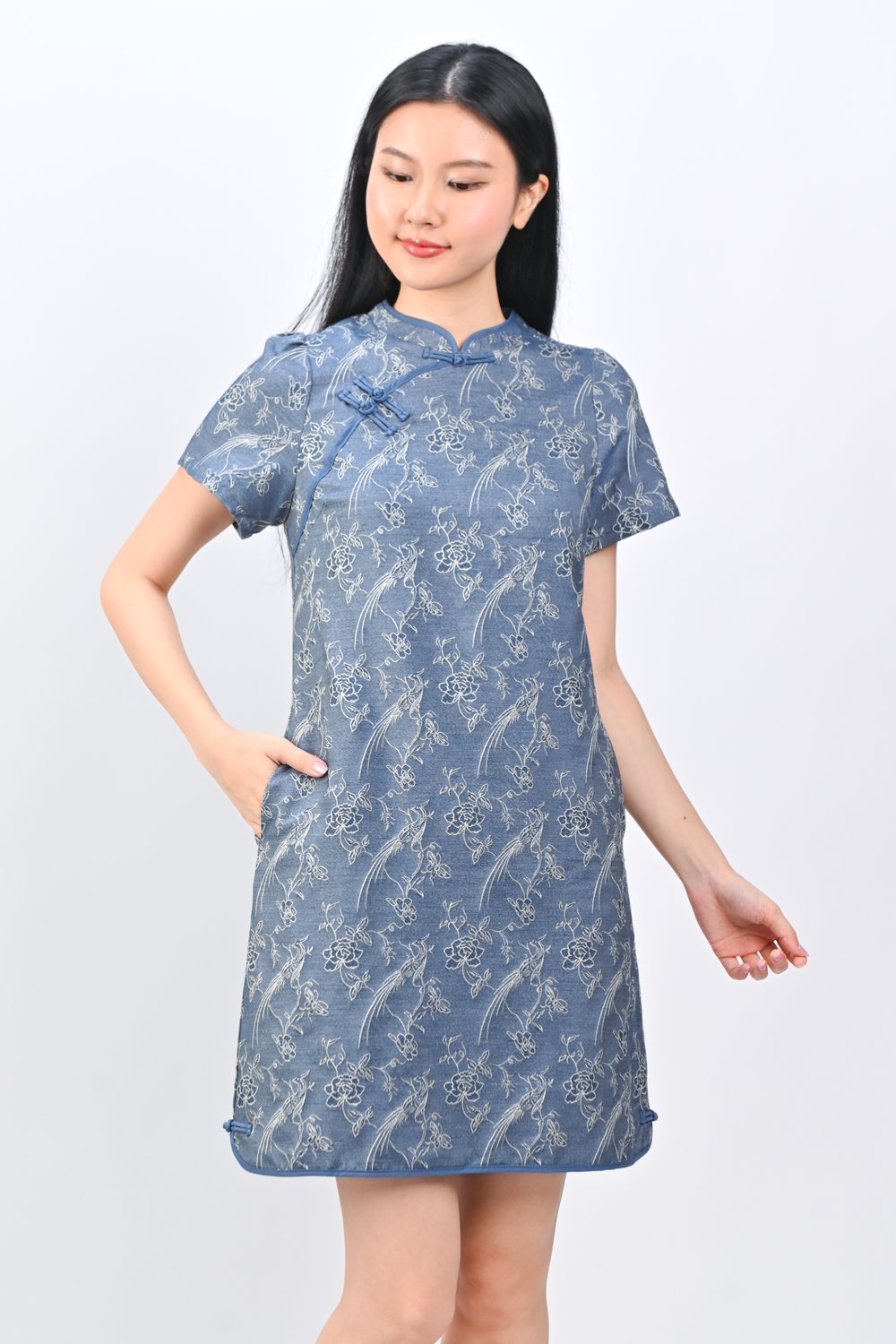 XINNI DENIM FLORAL CHEONGSAM DRESS