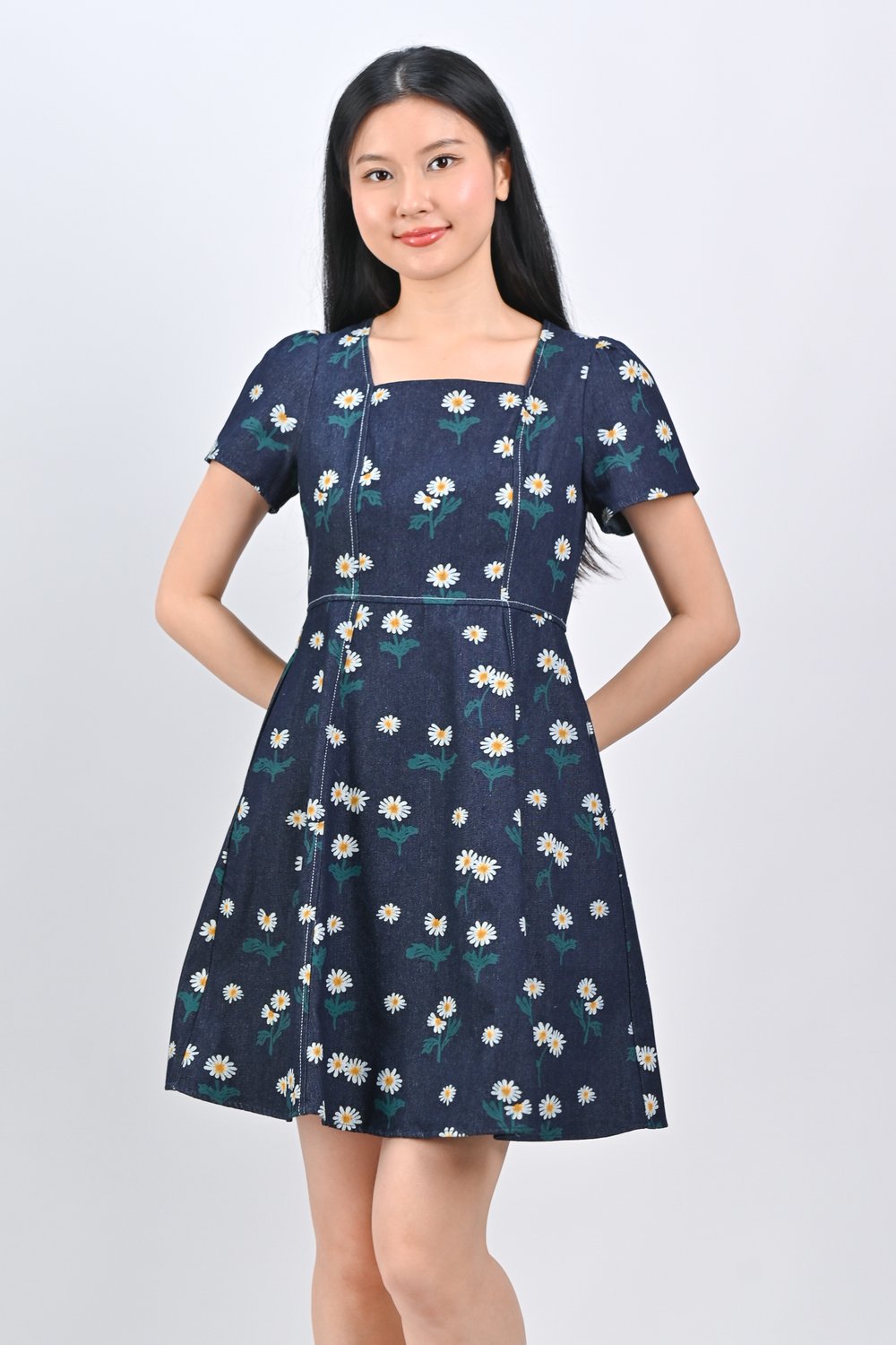 ZERENYA DENIM FLORAL SQUARE-NECK DRESS IN DARK-WASH