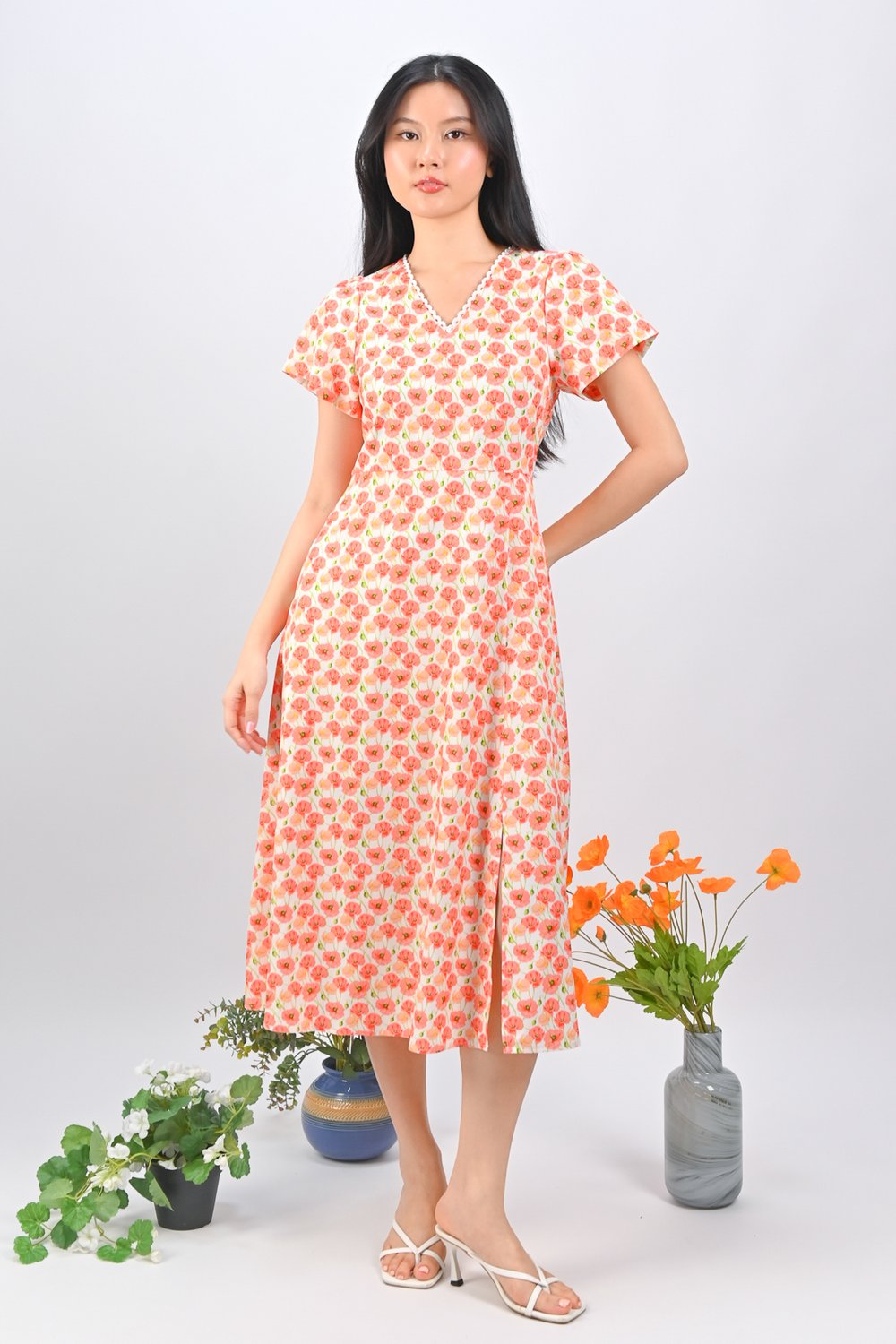 POPPY GARDEN LACE-TRIMMING SLEEVED MIDI DRESS