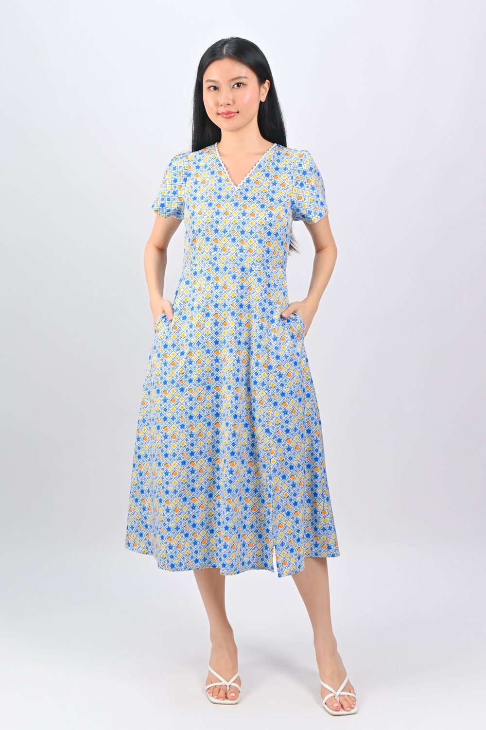 PORCELAIN ORANGE TILES LACE-TRIMMING SLEEVED MIDI DRESS