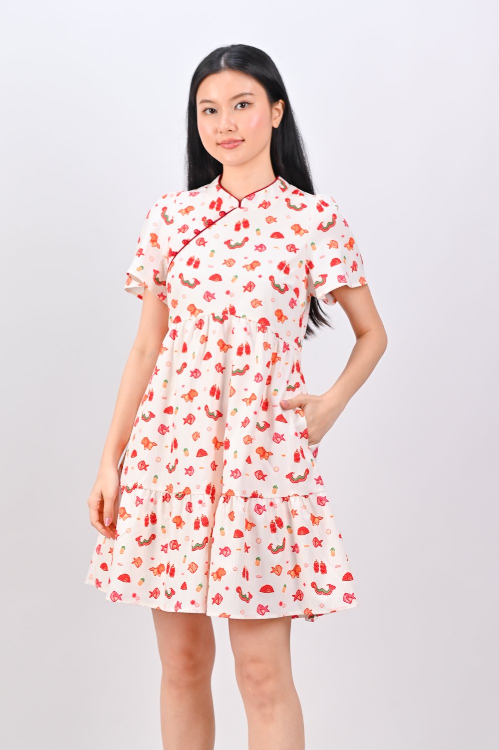 LUCKY CHARMS SLEEVED CHEONGSAM DRESS