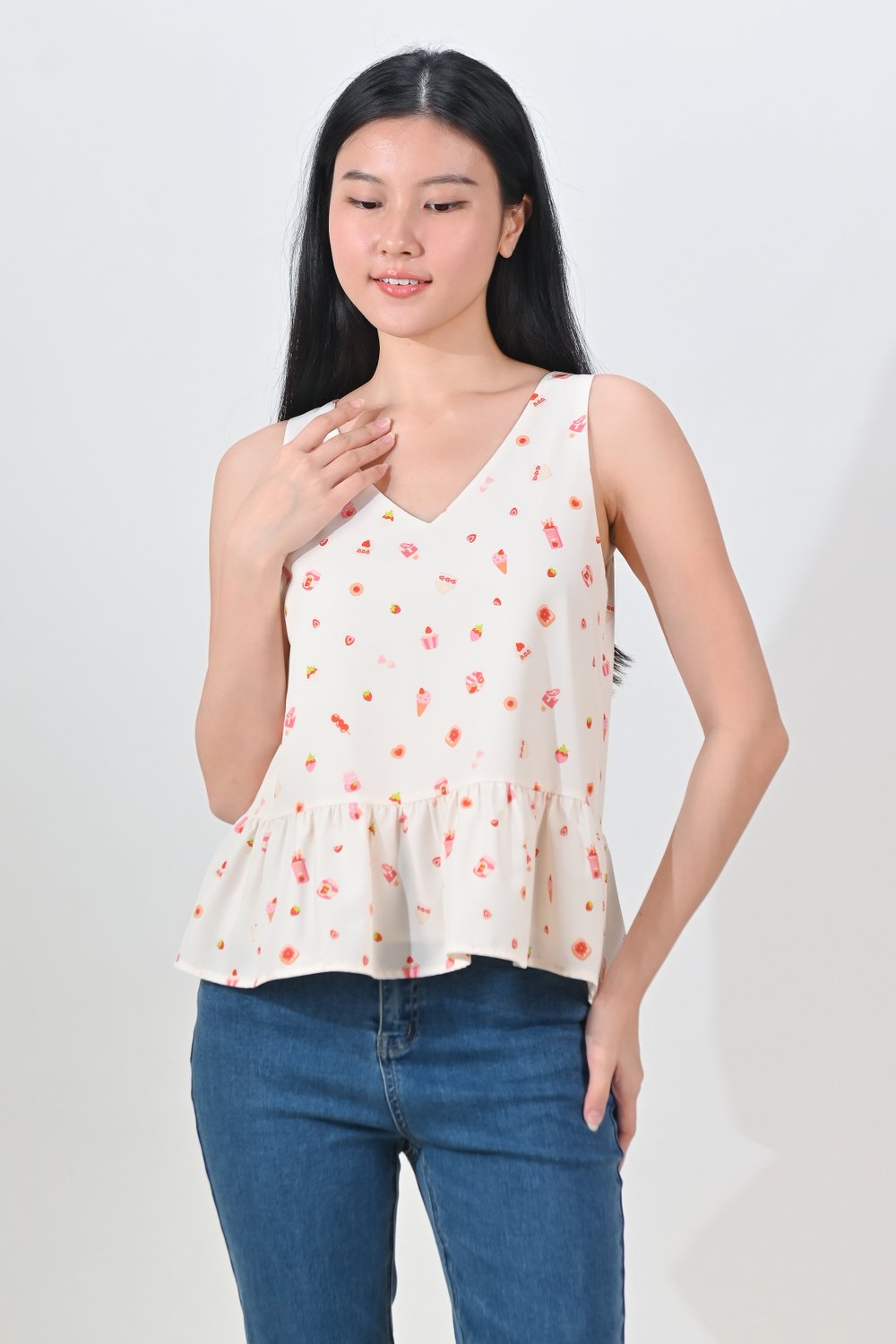STRAWBERRY DREAM SLEEVELESS PEPLUM TOP