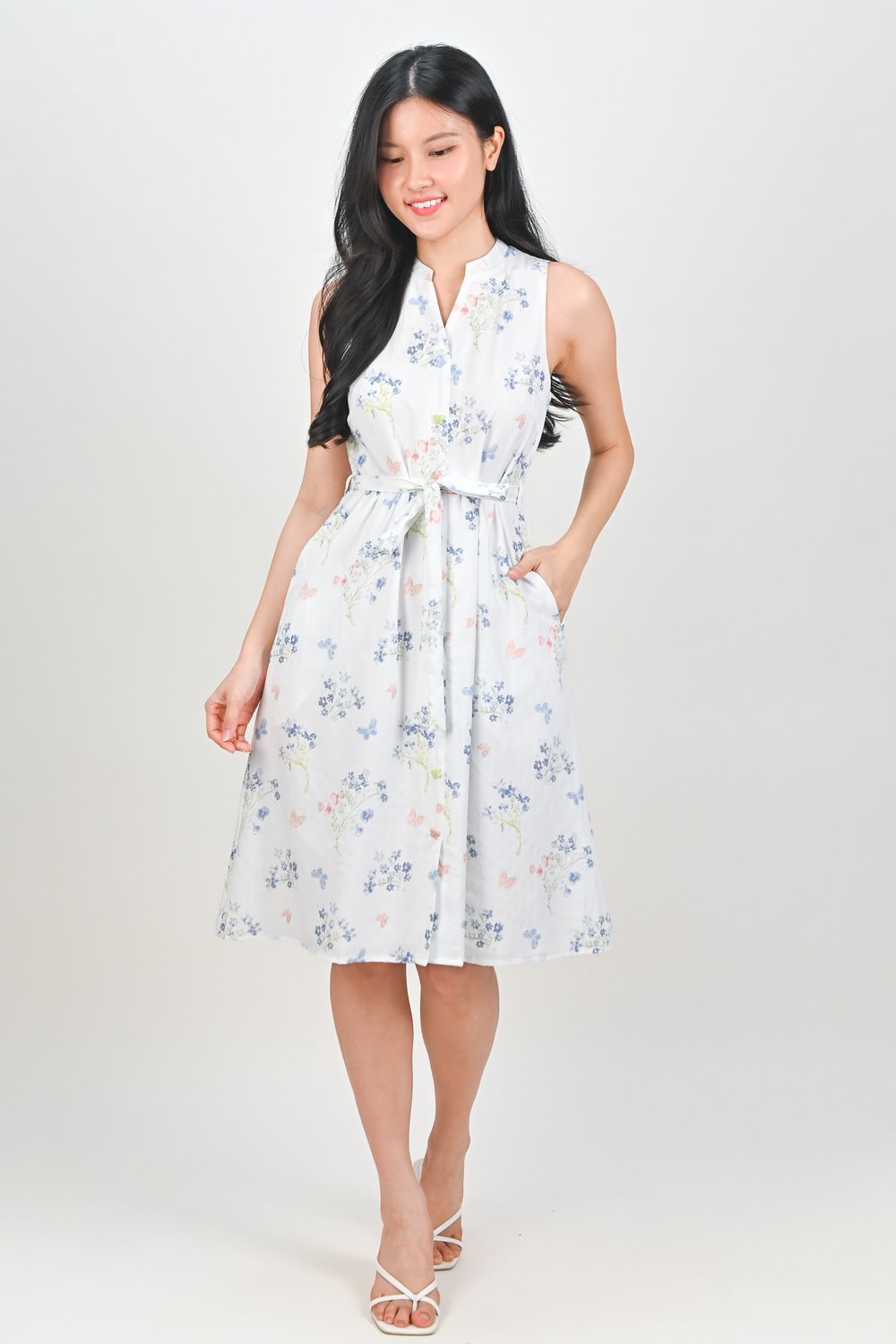 MARLIE WHITE GARDEN SLEEVELESS SHIRT-DRESS
