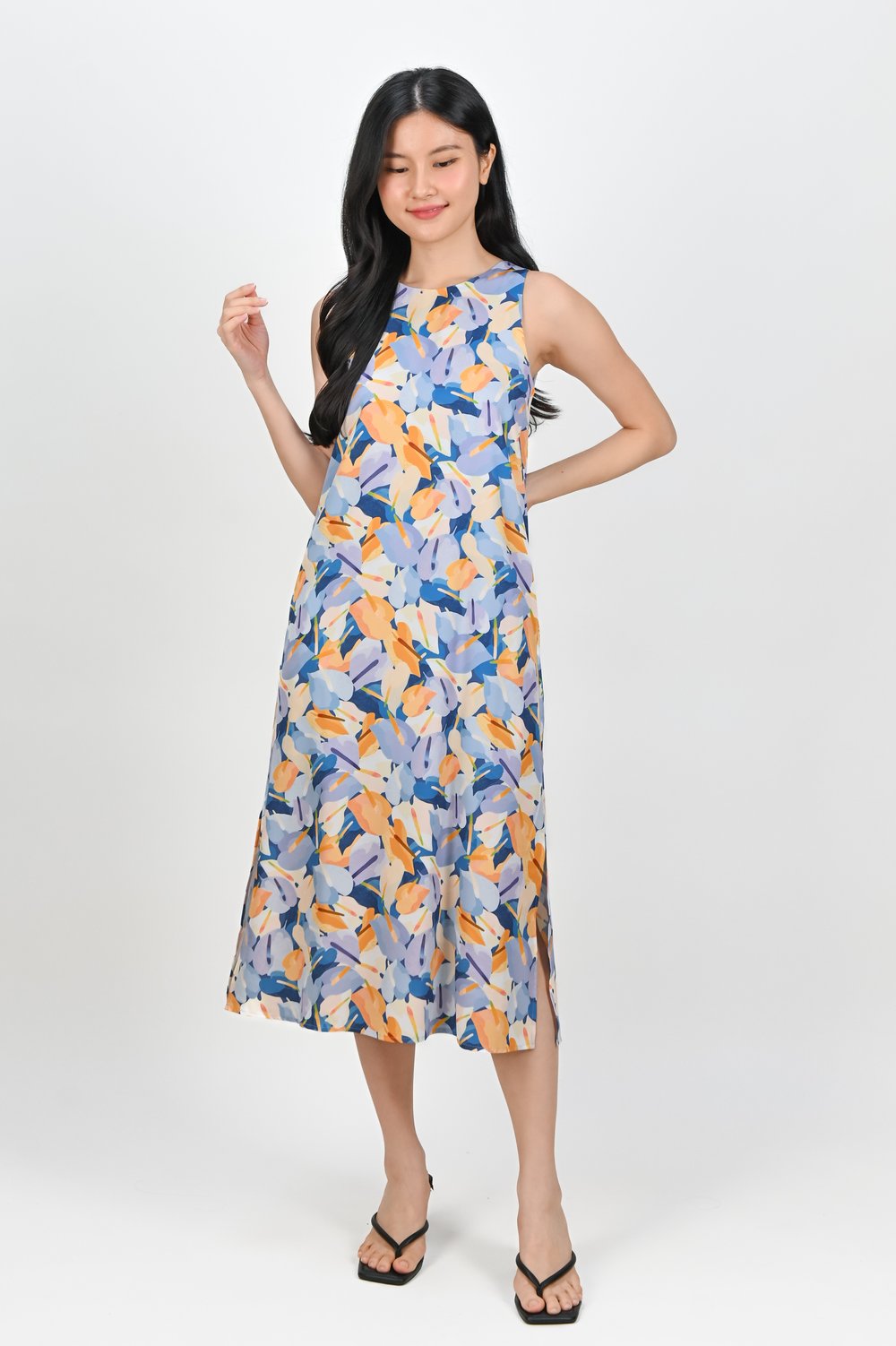 BLUE LACELEAF SIDE-SLIT MIDI DRESS