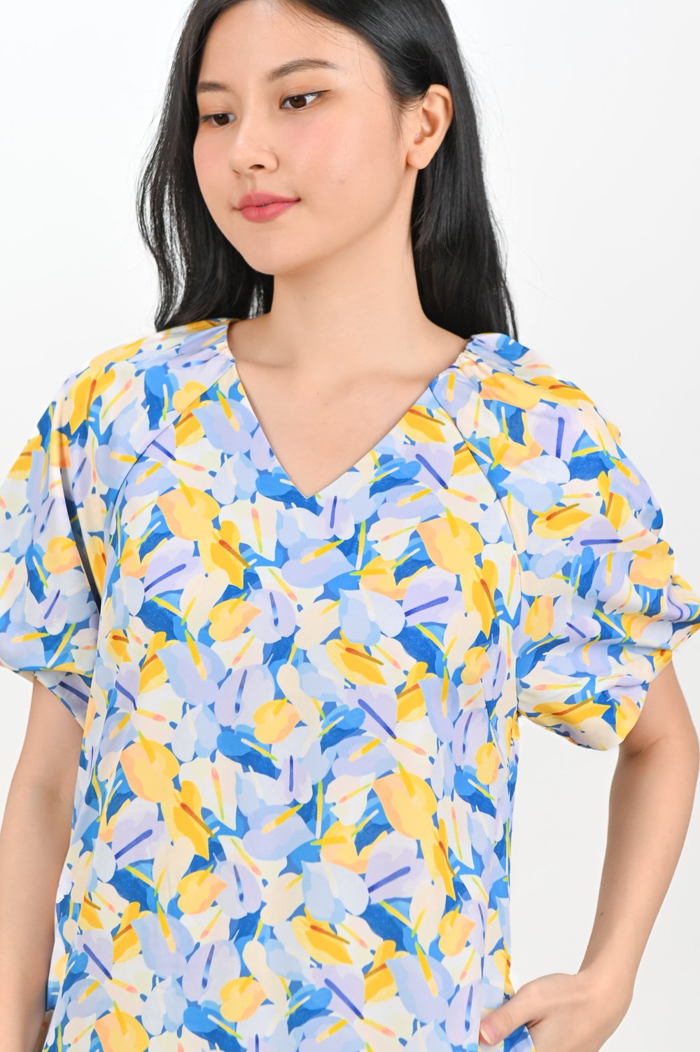 BLUE LACELEAF PUFF-SLEEVED SHIFT DRESS